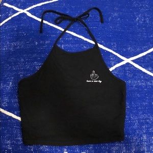 black halter crop- have a nice day funny 🖤
